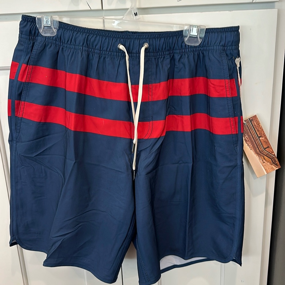 Fair Harbor Men’s swim trunks. Navy with red. Size L. Brand new with tags.